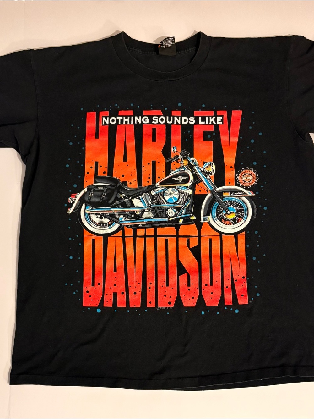Harley-Davidson Black Tee with Orange & Blue Motorcycle Graphic